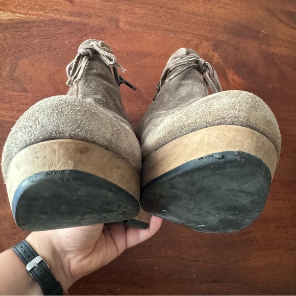 SOLD ❌ Coclico Anthropologie Tan Suede Wood Platform Ankle Bootie Zip 3.5” 6.5 - Picture 6 of 7